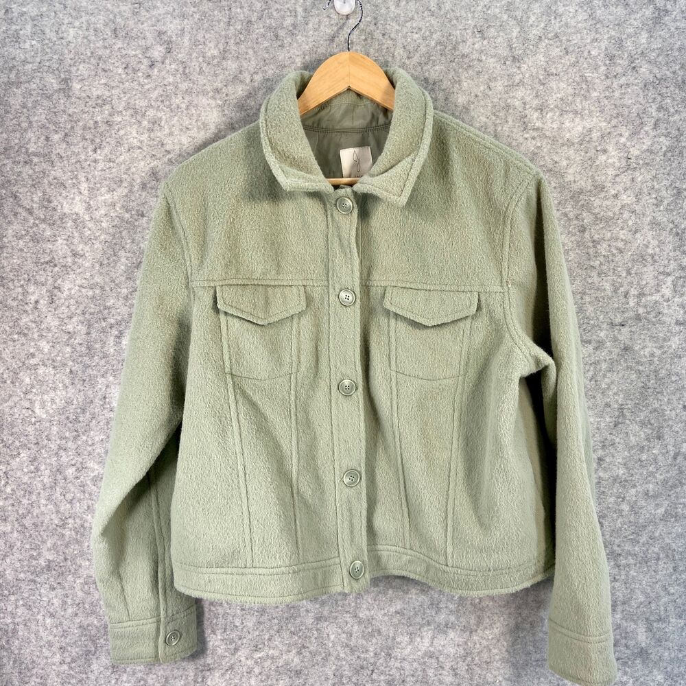 Joie Fuzzy Shacket Jacket Button Up Collared Chest Pockets Green‎ Womens XL